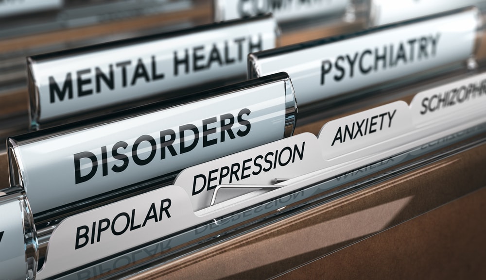 Filing Folder with Different Tabs Labeled with various Mental Health Conditions